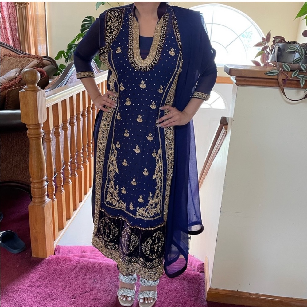 3 piece suit saree navy blue and purple